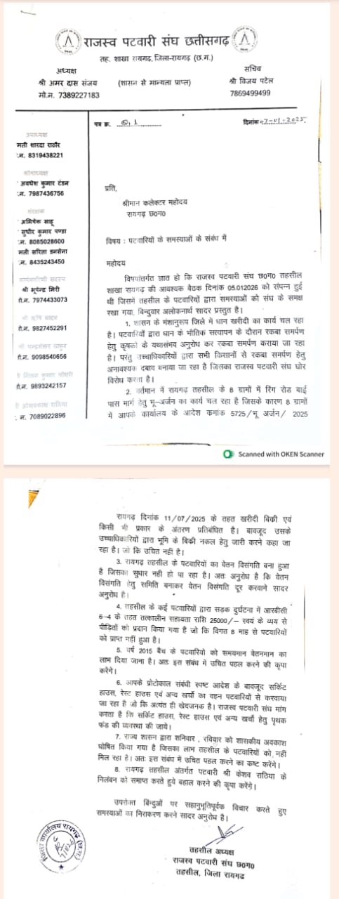 किसानों पर दबाव डालकर करवा रहे रकबा समर्पण … राजस्व पटवारी संघ ने कलेक्टर को सौंपा शिकायती ज्ञापन